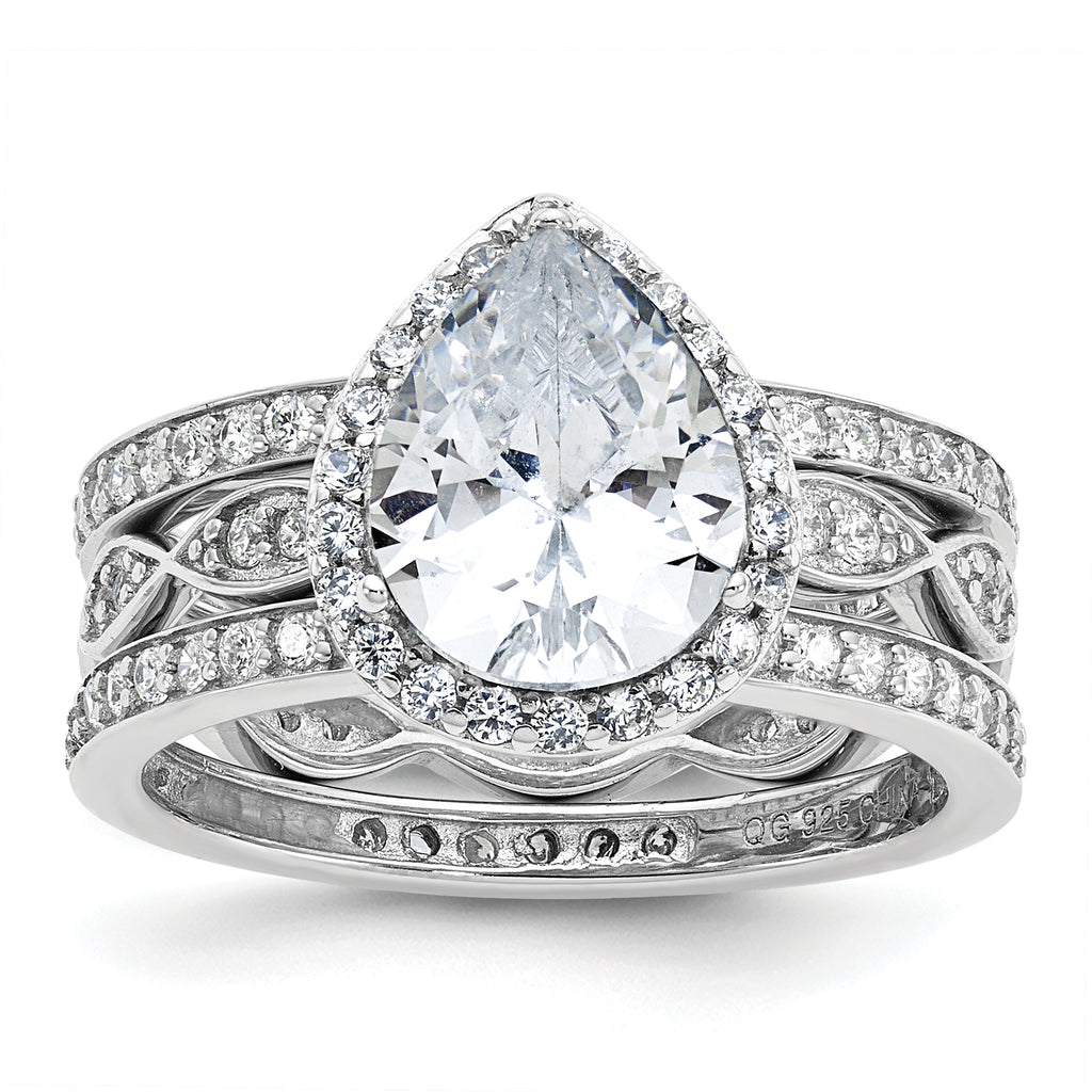 Cheryl M Sterling Silver Rhodium-plated Polished CZ Teardrop Halo 3 Ring Set