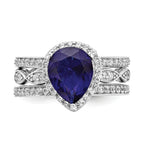 Cheryl M Sterling Silver Rhodium-plated Polished Lab Created Sapphire and CZ Teardrop Halo 3 Ring Set