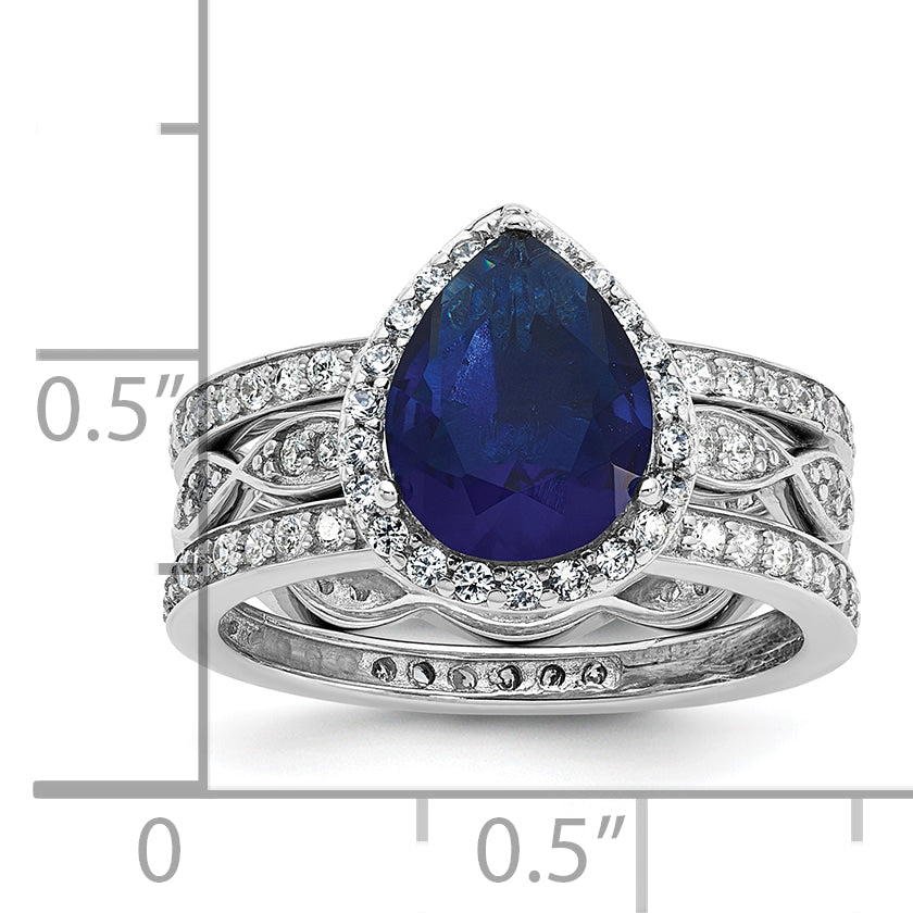 Cheryl M Sterling Silver Rhodium-plated Polished Lab Created Sapphire and CZ Teardrop Halo 3 Ring Set