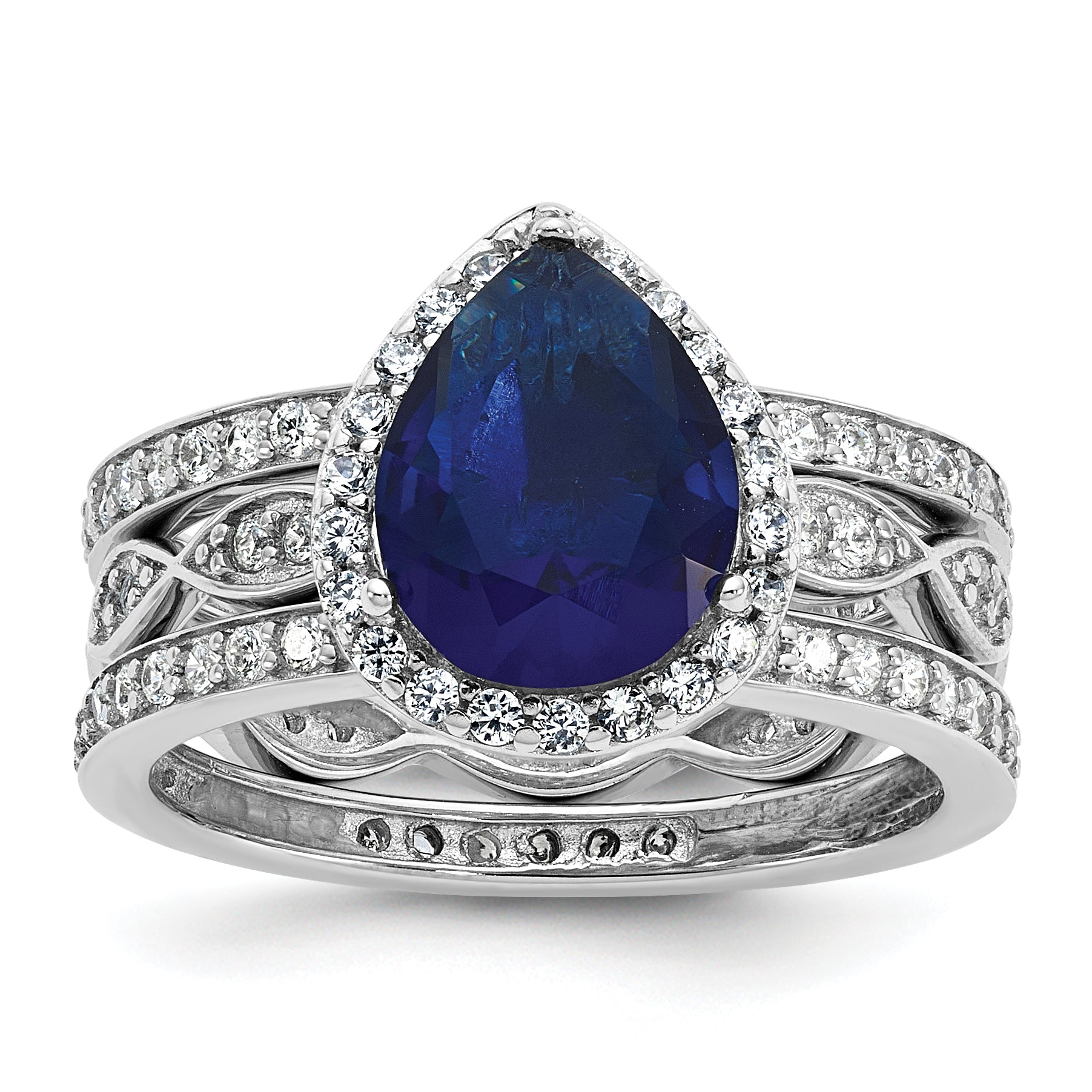 Cheryl M Sterling Silver Rhodium-plated Polished Lab Created Sapphire and CZ Teardrop Halo 3 Ring Set Main image