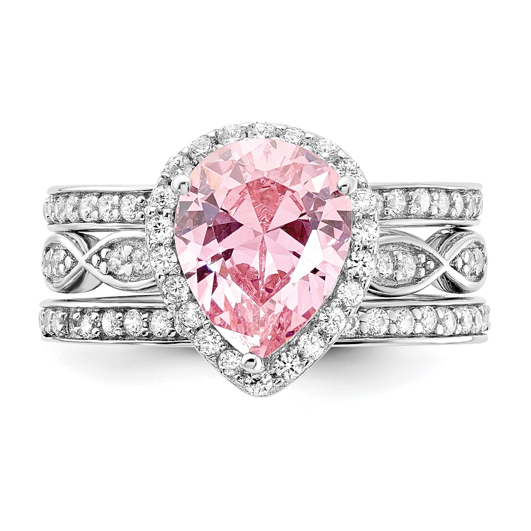 Cheryl M Sterling Silver Rhodium-plated Polished Pink and White CZ Halo Teardrop 3 Ring Set