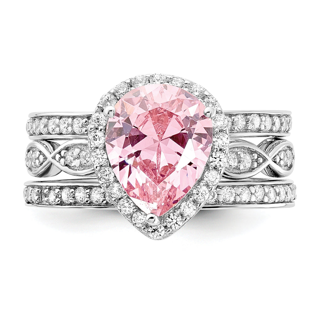 Cheryl M Sterling Silver Rhodium-plated Polished Pink and White CZ Halo Teardrop 3 Ring Set