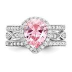 Cheryl M Sterling Silver Rhodium-plated Polished Pink and White CZ Halo Teardrop 3 Ring Set