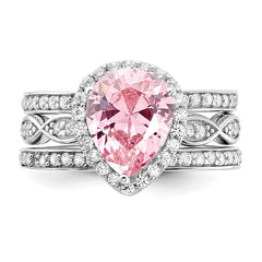 Cheryl M Sterling Silver Rhodium-plated Polished Pink and White CZ Halo Teardrop 3 Ring Set