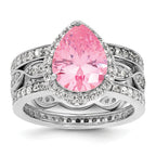 Cheryl M Sterling Silver Rhodium-plated Polished Pink and White CZ Halo Teardrop 3 Ring Set