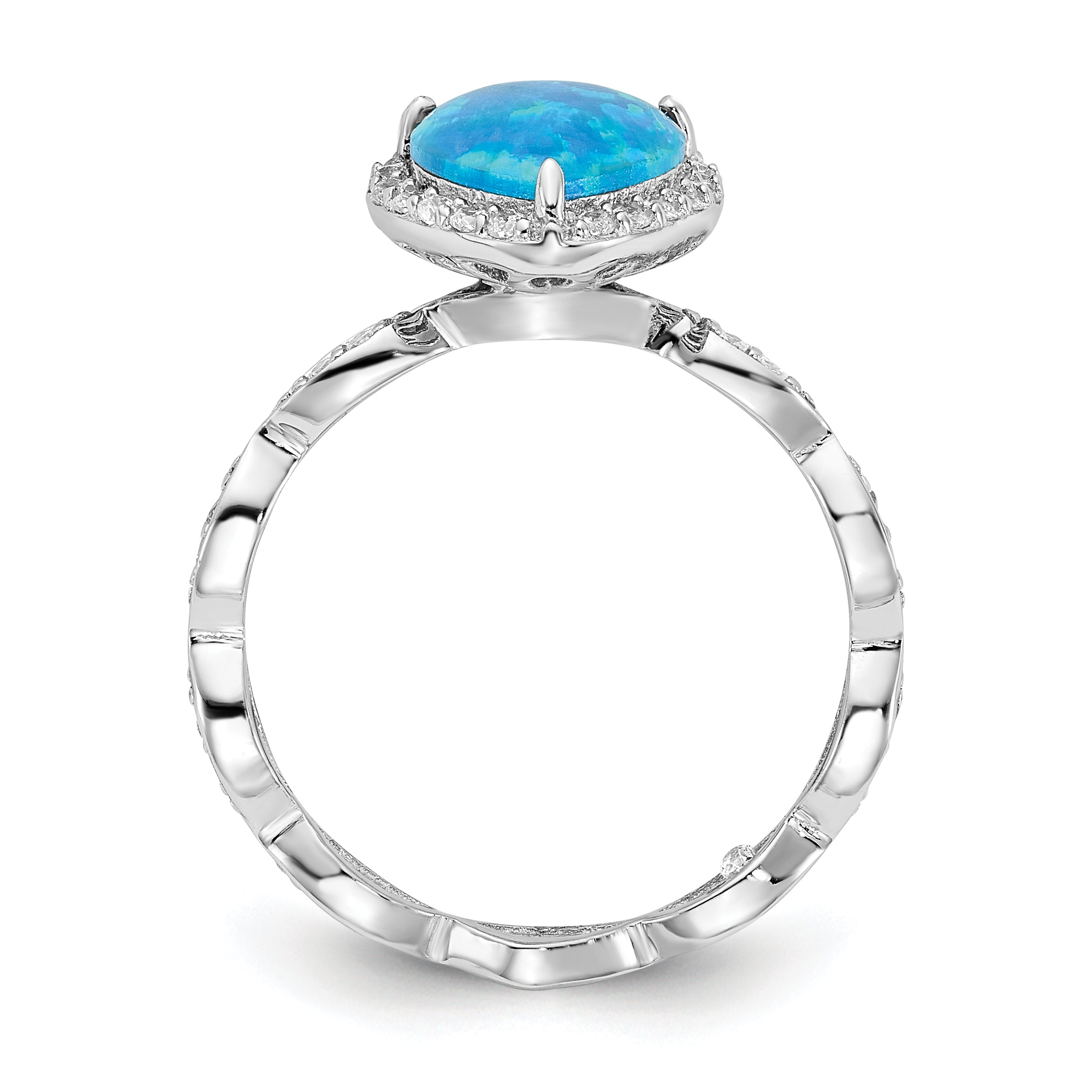 Cheryl M Sterling Silver Rhodium-plated Polished Blue Lab Created Opal and CZ Teardrop Halo Ring Secondary image