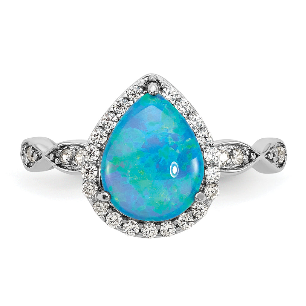 Cheryl M Sterling Silver Rhodium-plated Polished Blue Lab Created Opal and CZ Teardrop Halo Ring