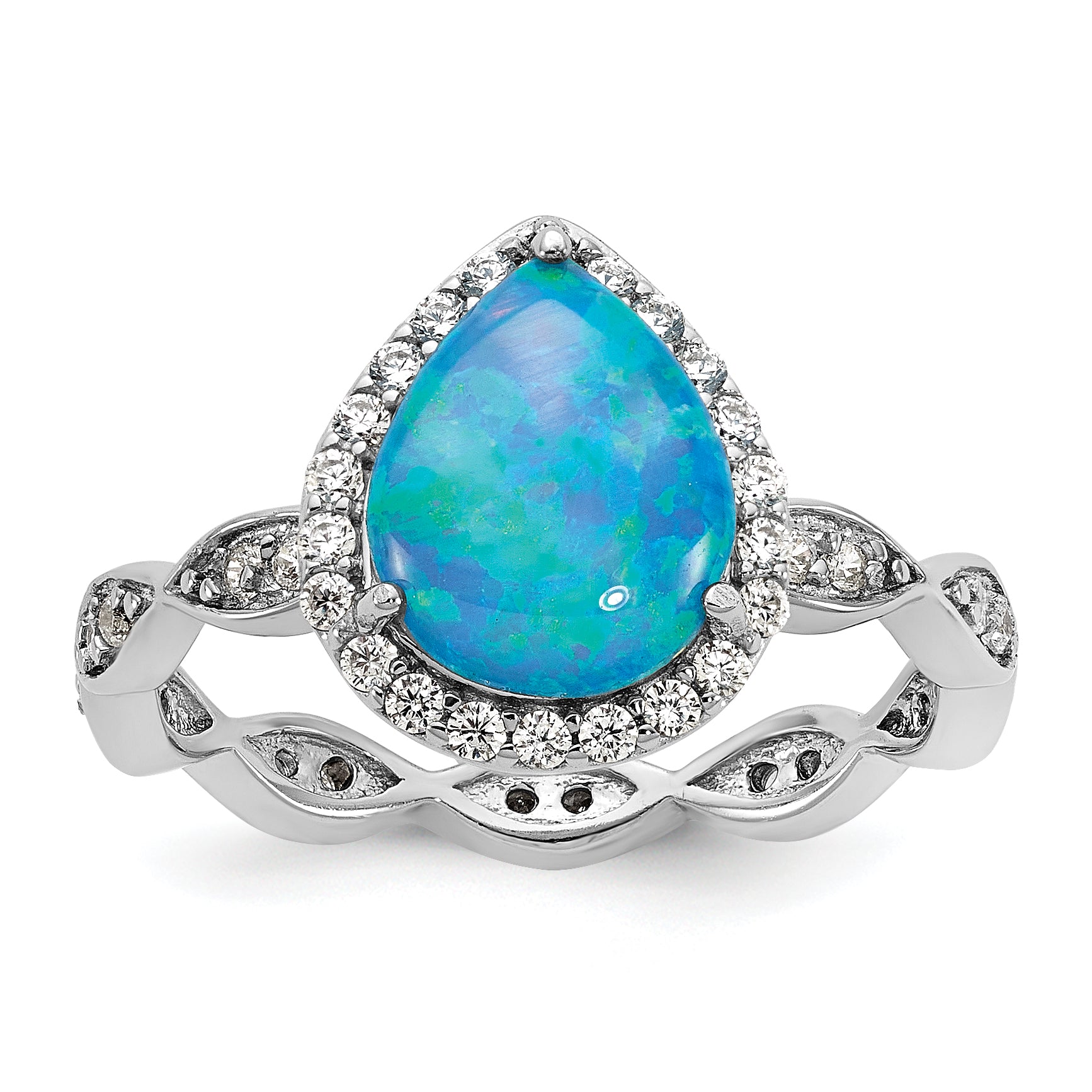 Cheryl M Sterling Silver Rhodium-plated Polished Blue Lab Created Opal and CZ Teardrop Halo Ring Main image