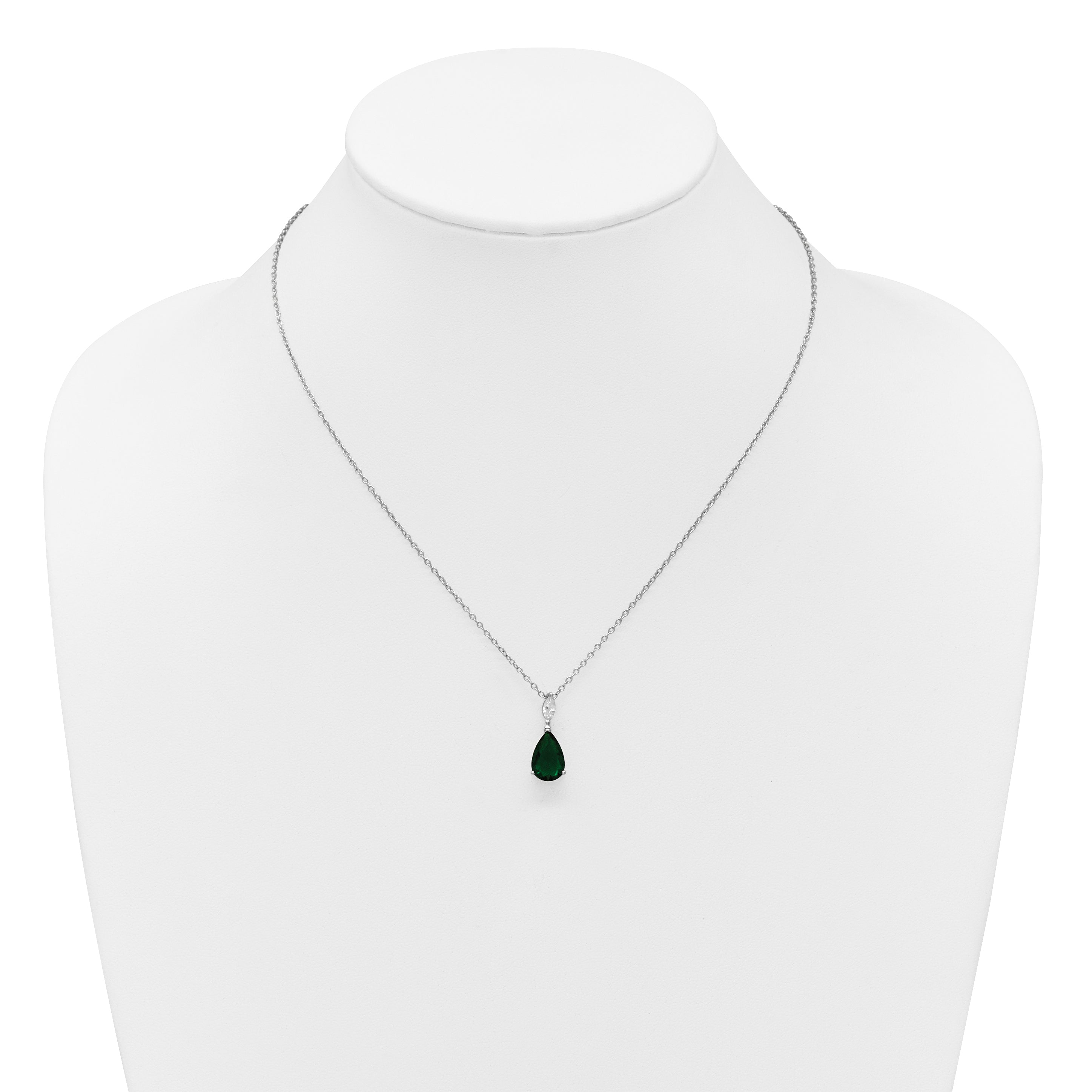 Cheryl M Sterling Silver Rhodium-plated Polished CZ and Green Glass Teardrop 18 Inch Necklace