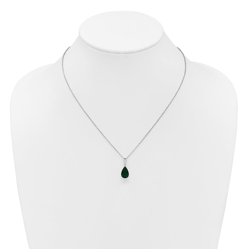 Cheryl M Sterling Silver Rhodium-plated Polished CZ and Green Glass Teardrop 18 Inch Necklace