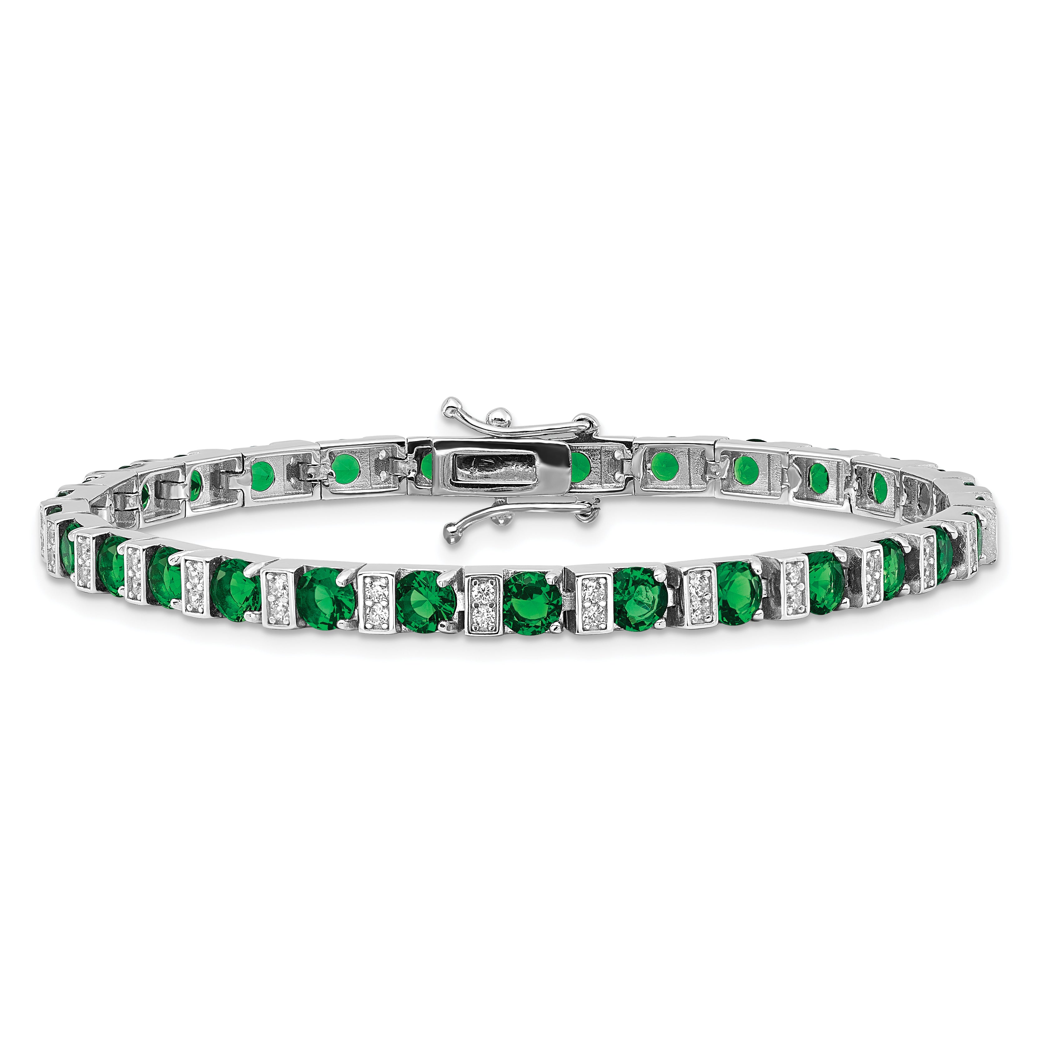 Cheryl M Sterling Silver Rhodium-plated Polished Green Glass and CZ 7.25 Inch Bracelet