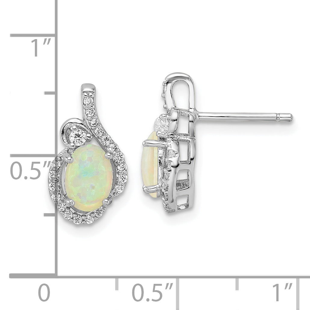Cheryl M Sterling Silver Rhodium-plated Polished Lab Created Opal and CZ Post Earrings