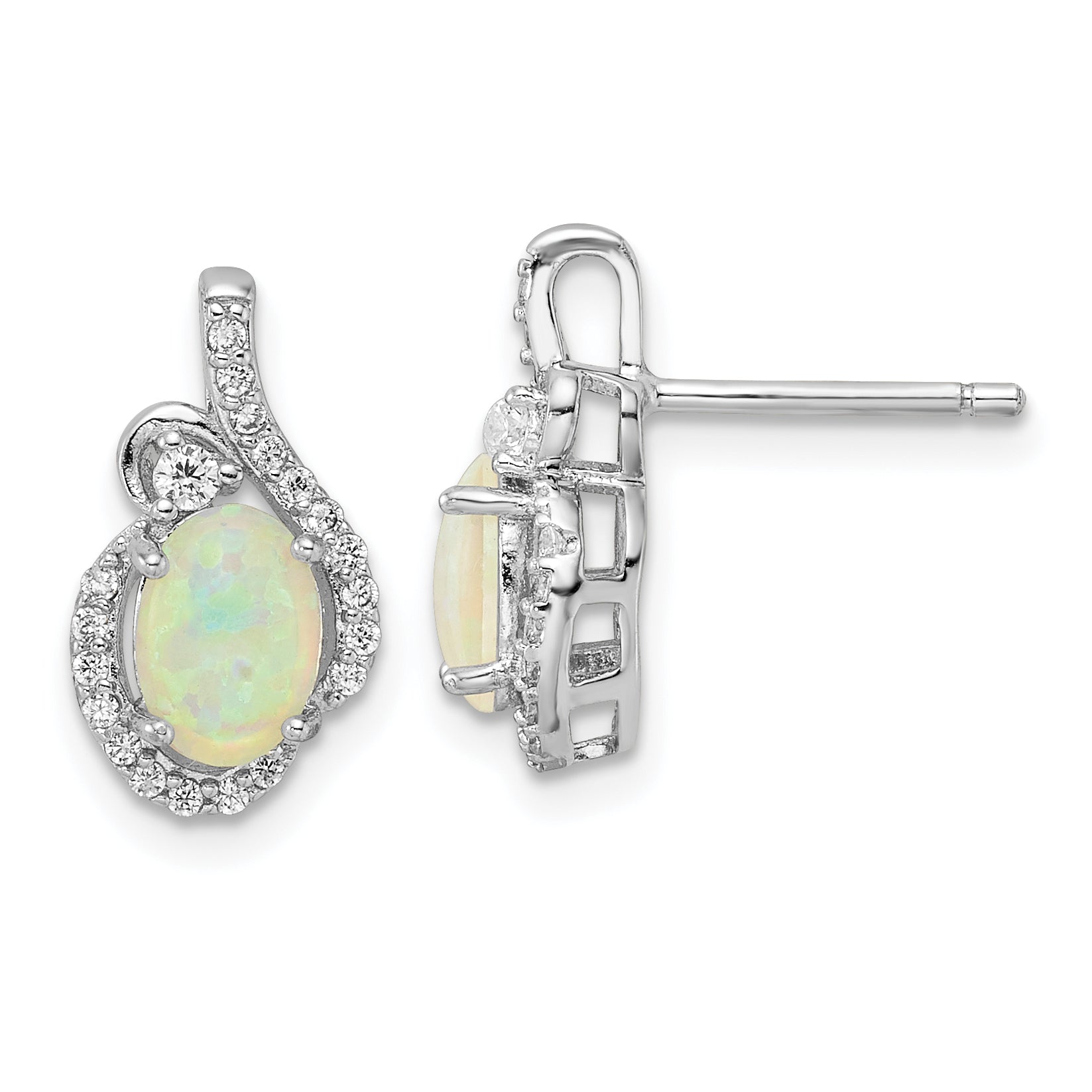 Cheryl M Sterling Silver Rhodium-plated Polished Lab Created Opal and CZ Post Earrings Main image