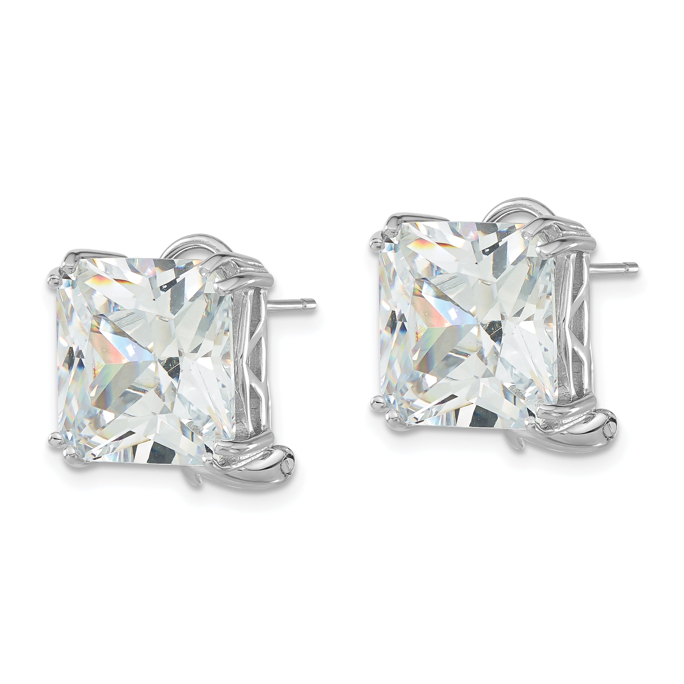 Cheryl M Sterling Silver Rhodium-plated Polished Cushion-cut CZ Post Omega Back Earrings Secondary image
