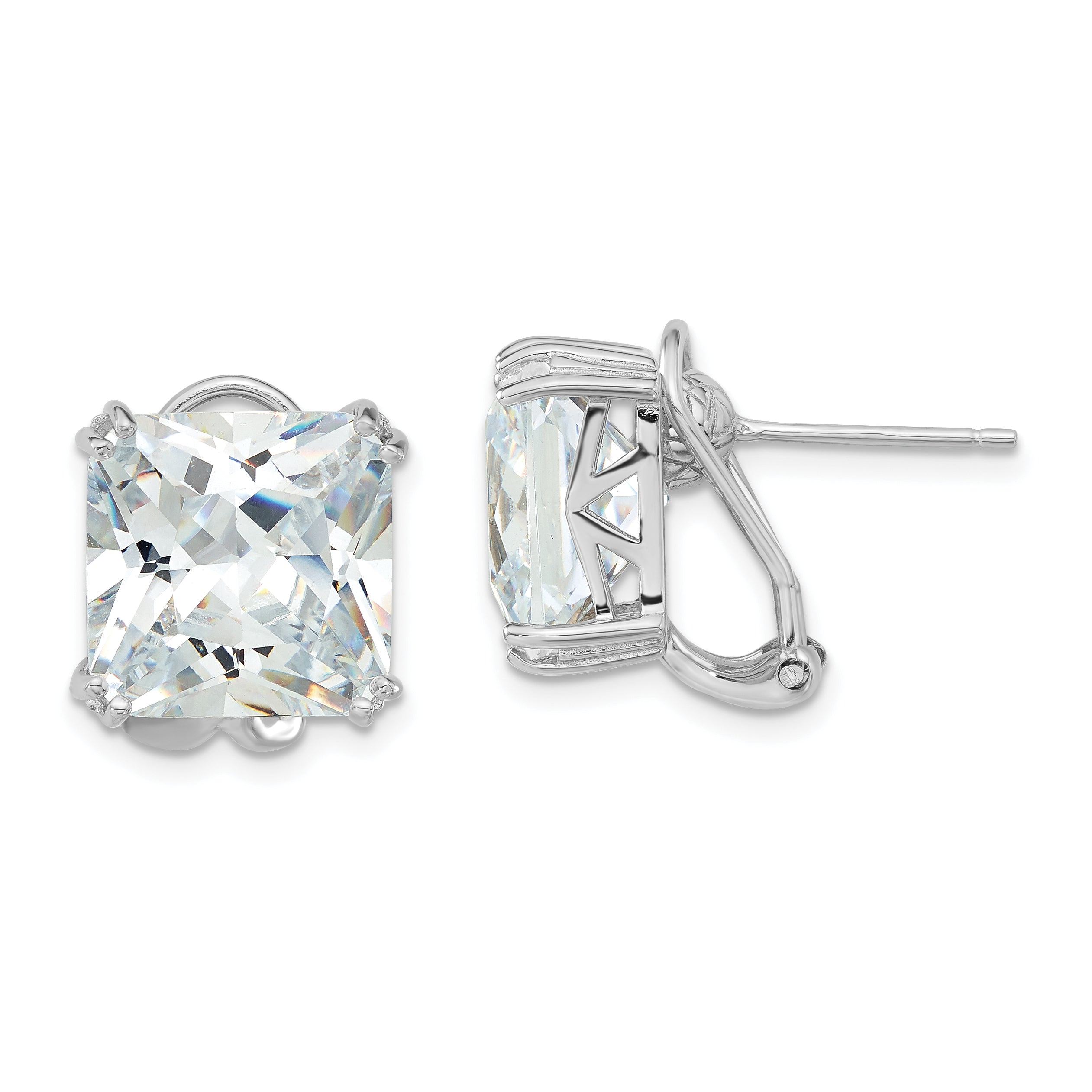 Cheryl M Sterling Silver Rhodium-plated Polished Cushion-cut CZ Post Omega Back Earrings Main image