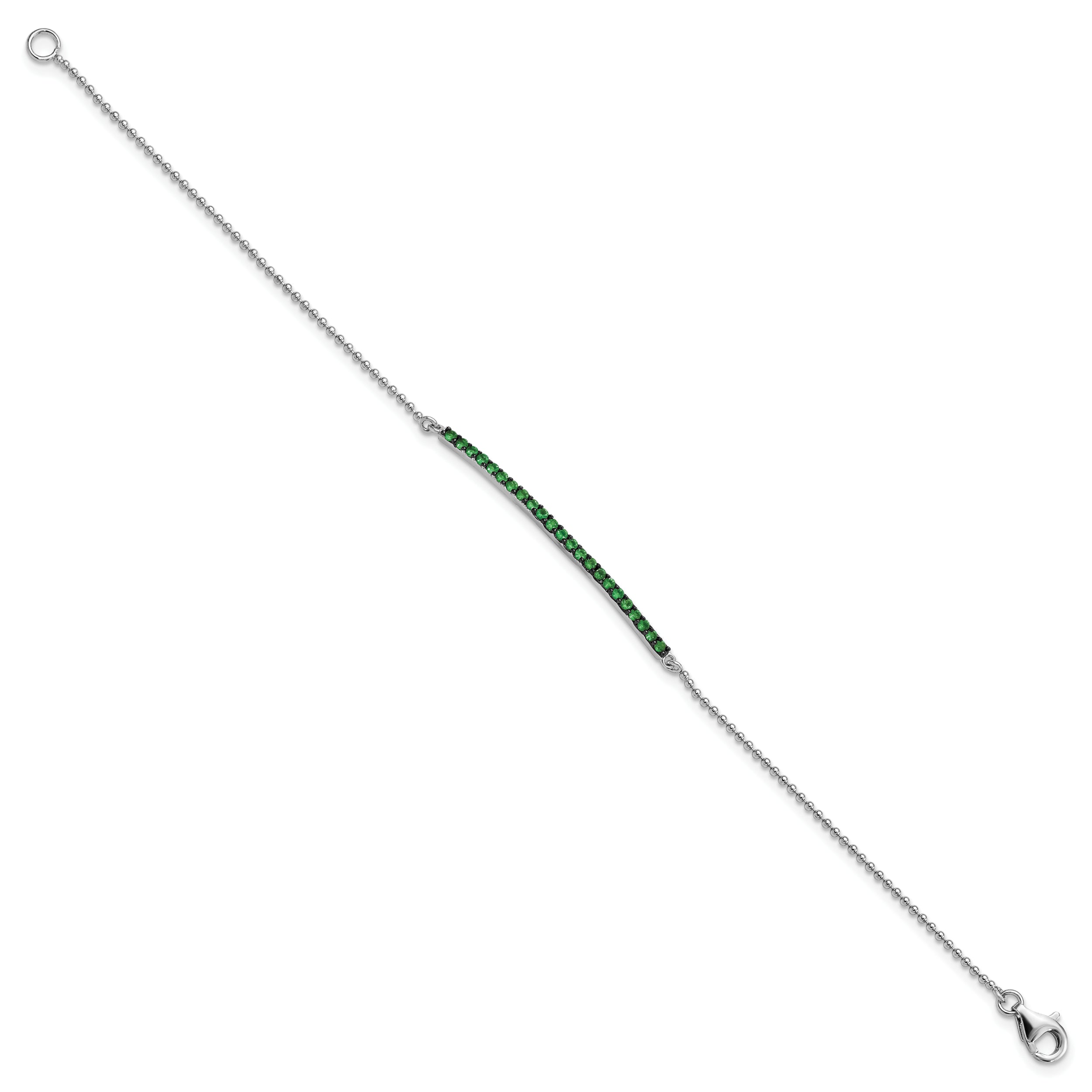Cheryl M Sterling Silver Hematite and Rhodium-plated Polished and Beaded Green Glass Bar 7 Inch Bracelet