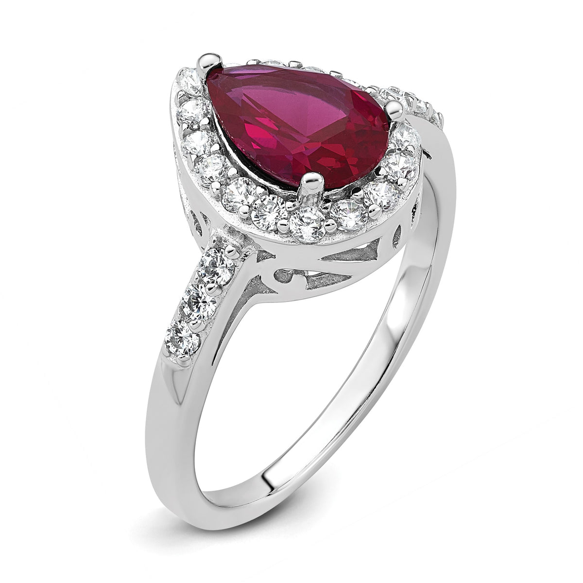 Cubic Zirconia & Lab-Created Ruby Teardrop Ring in Sterling Silver, Size 6 - Sophia Jewelers