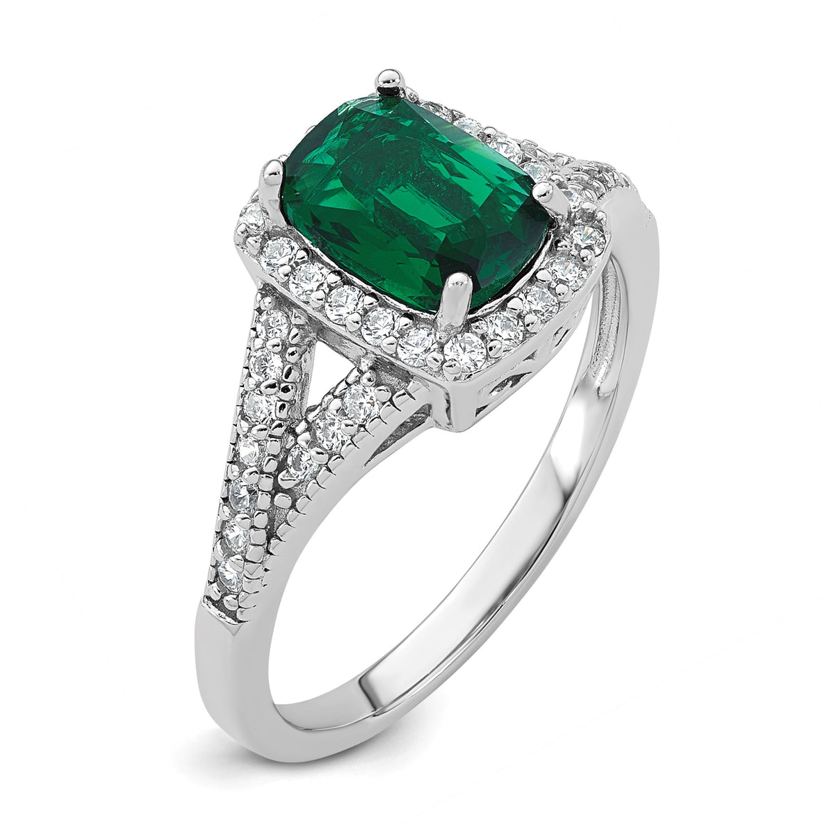 Cubic Zirconia & Green Glass Rectangle Ring in Sterling Silver, Size 6 - Sophia Jewelers