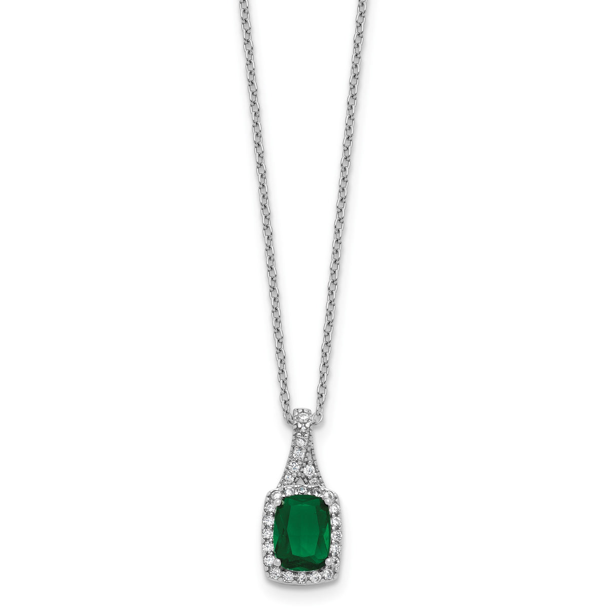 Cubic Zirconia & Green Glass Rectangle Necklace in Sterling Silver, 18 Inch - Sophia Jewelers Main image