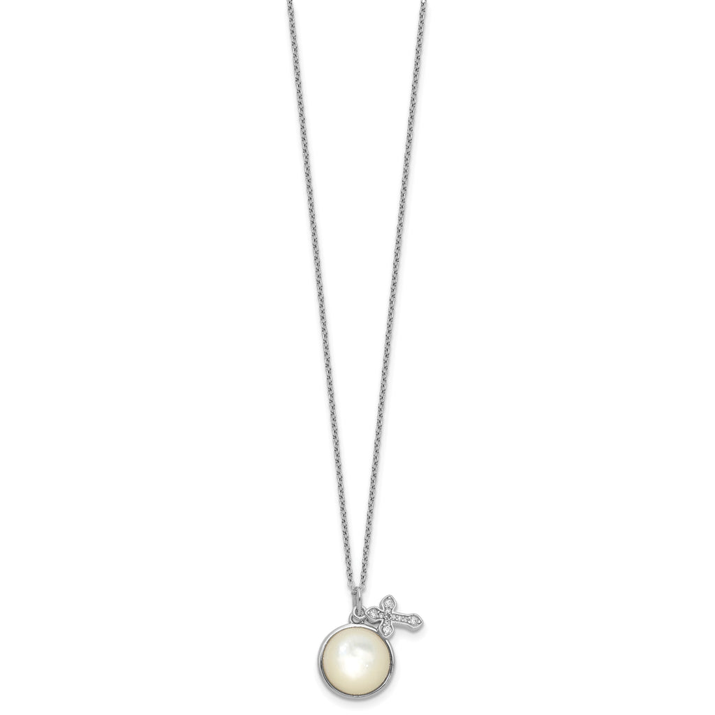 Cross Cubic Zirconia Mother of Pearl Necklace in Sterling Silver, 12mm, 18 Inch - Sophia Jewelers