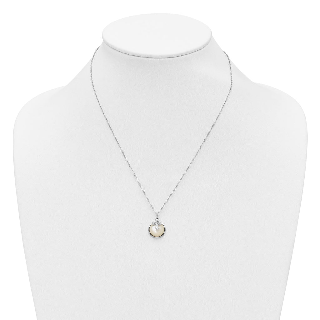 Cross Cubic Zirconia Mother of Pearl Necklace in Sterling Silver, 12mm, 18 Inch - Sophia Jewelers