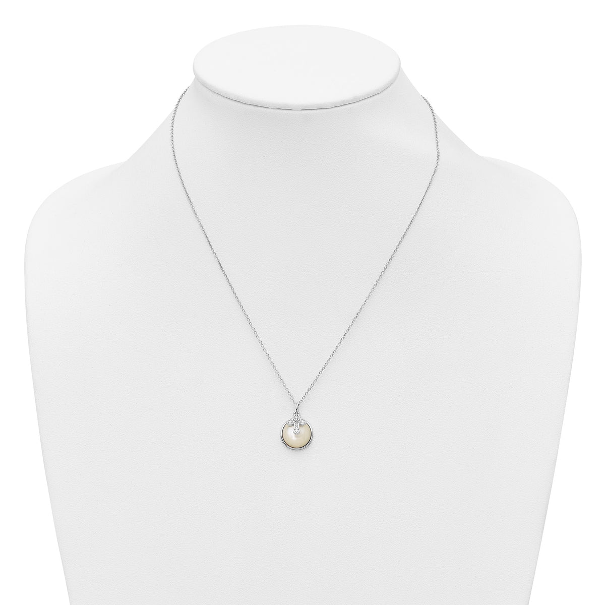 Cross Cubic Zirconia Mother of Pearl Necklace in Sterling Silver, 12mm, 18 Inch - Sophia Jewelers