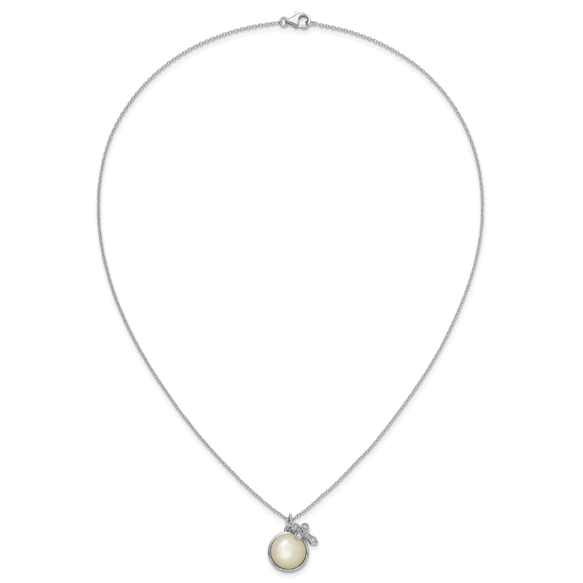 Cross Cubic Zirconia Mother of Pearl Necklace in Sterling Silver, 12mm, 18 Inch - Sophia Jewelers