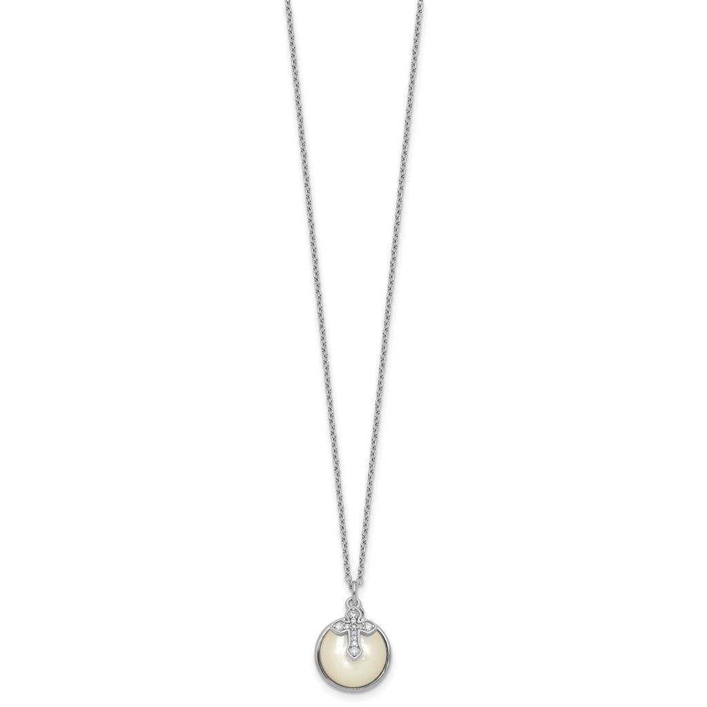 Cross Cubic Zirconia Mother of Pearl Necklace in Sterling Silver, 12mm, 18 Inch - Sophia Jewelers