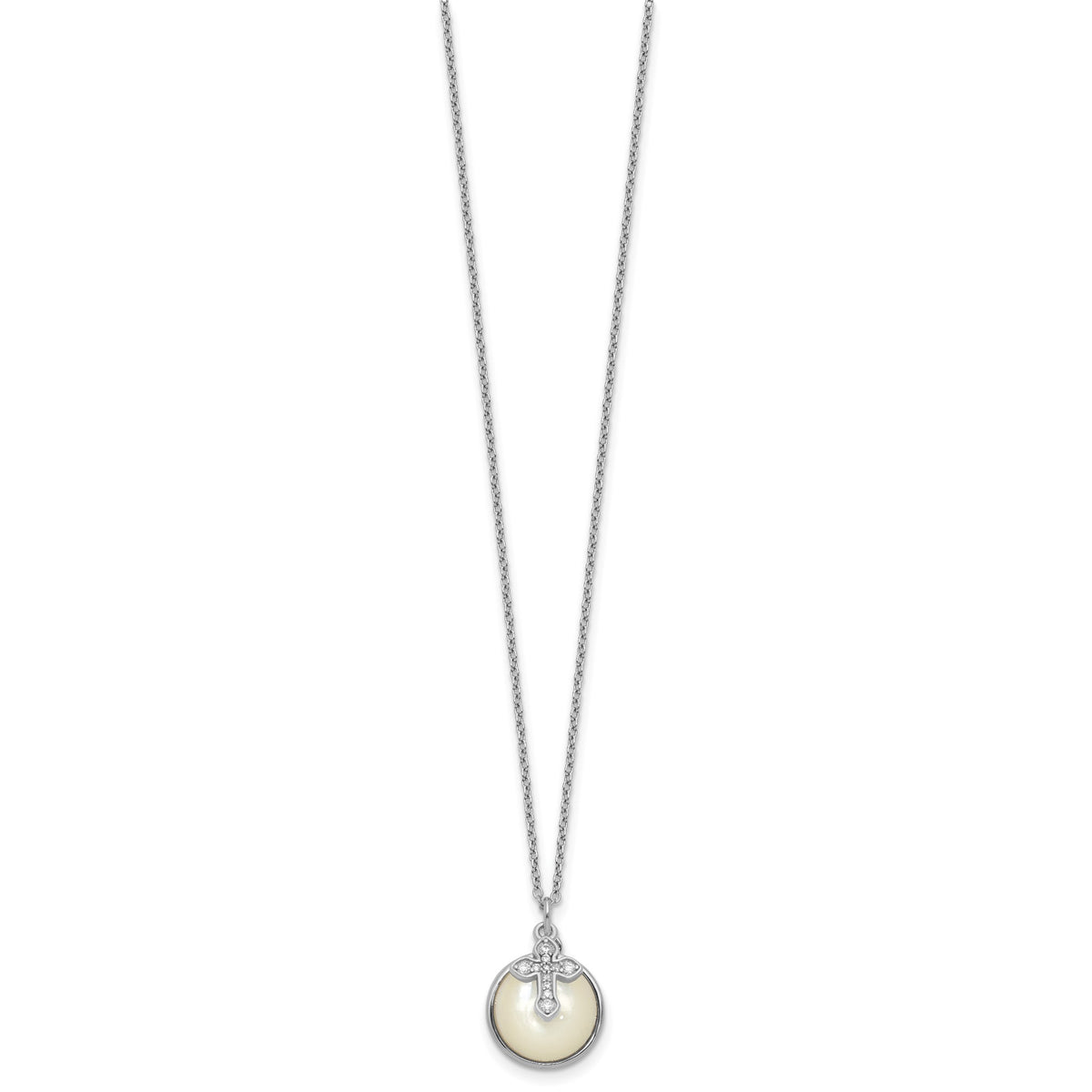 Cross Cubic Zirconia Mother of Pearl Necklace in Sterling Silver, 12mm, 18 Inch - Sophia Jewelers