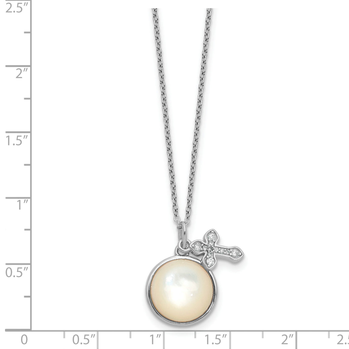 Cross Cubic Zirconia Mother of Pearl Necklace in Sterling Silver, 12mm, 18 Inch - Sophia Jewelers
