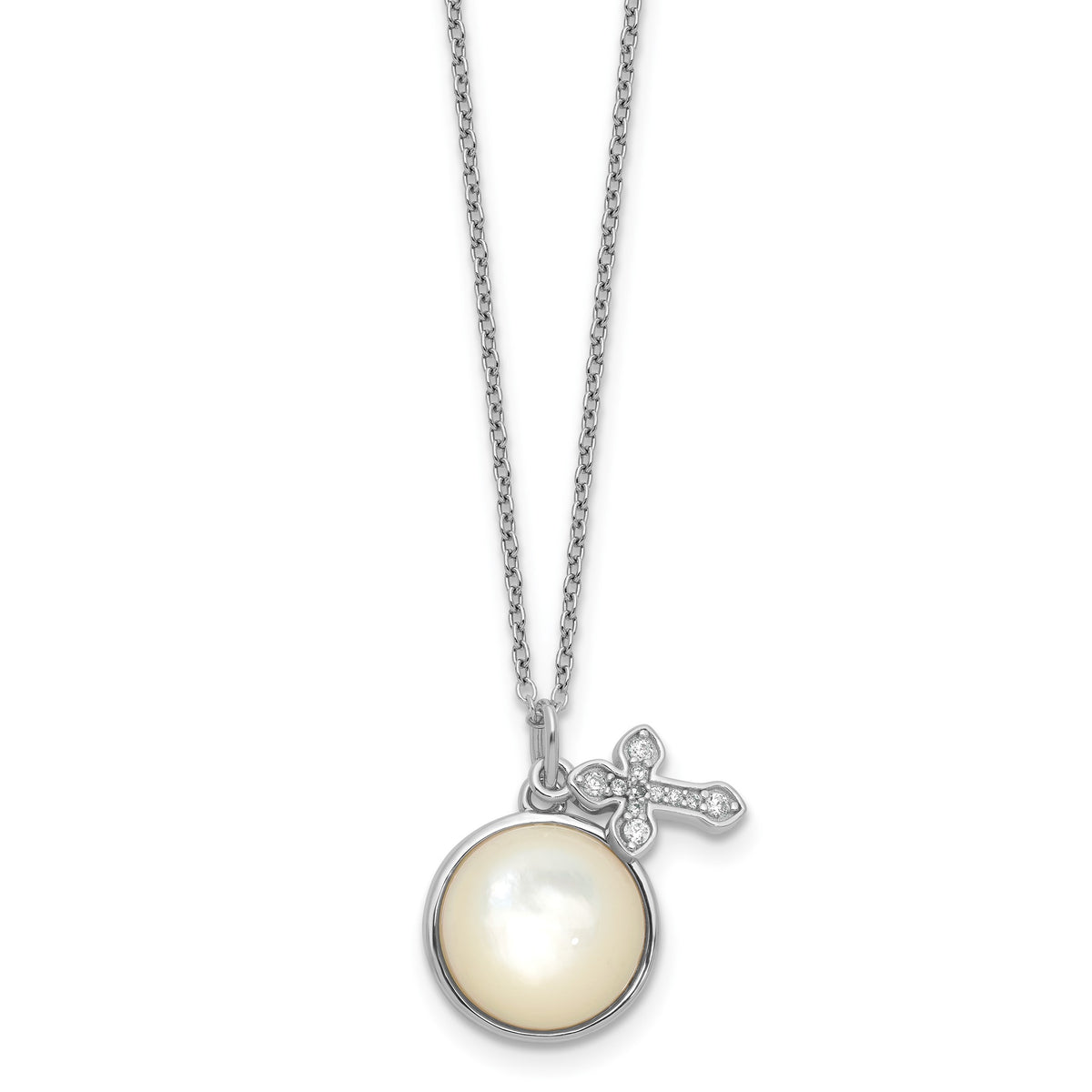 Cross Cubic Zirconia Mother of Pearl Necklace in Sterling Silver, 12mm, 18 Inch - Sophia Jewelers Main image