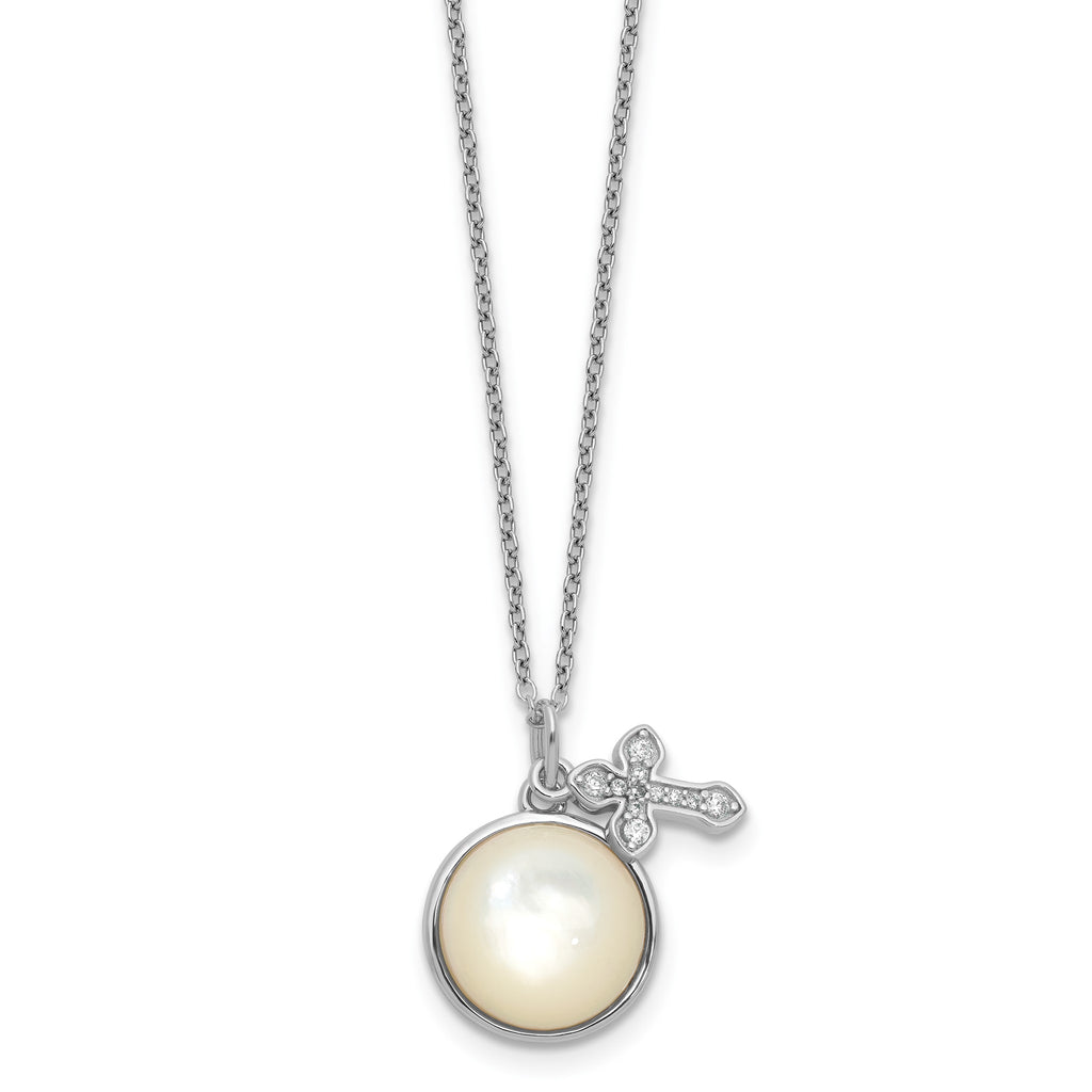 Cross Cubic Zirconia Mother of Pearl Necklace in Sterling Silver, 12mm, 18 Inch - Sophia Jewelers