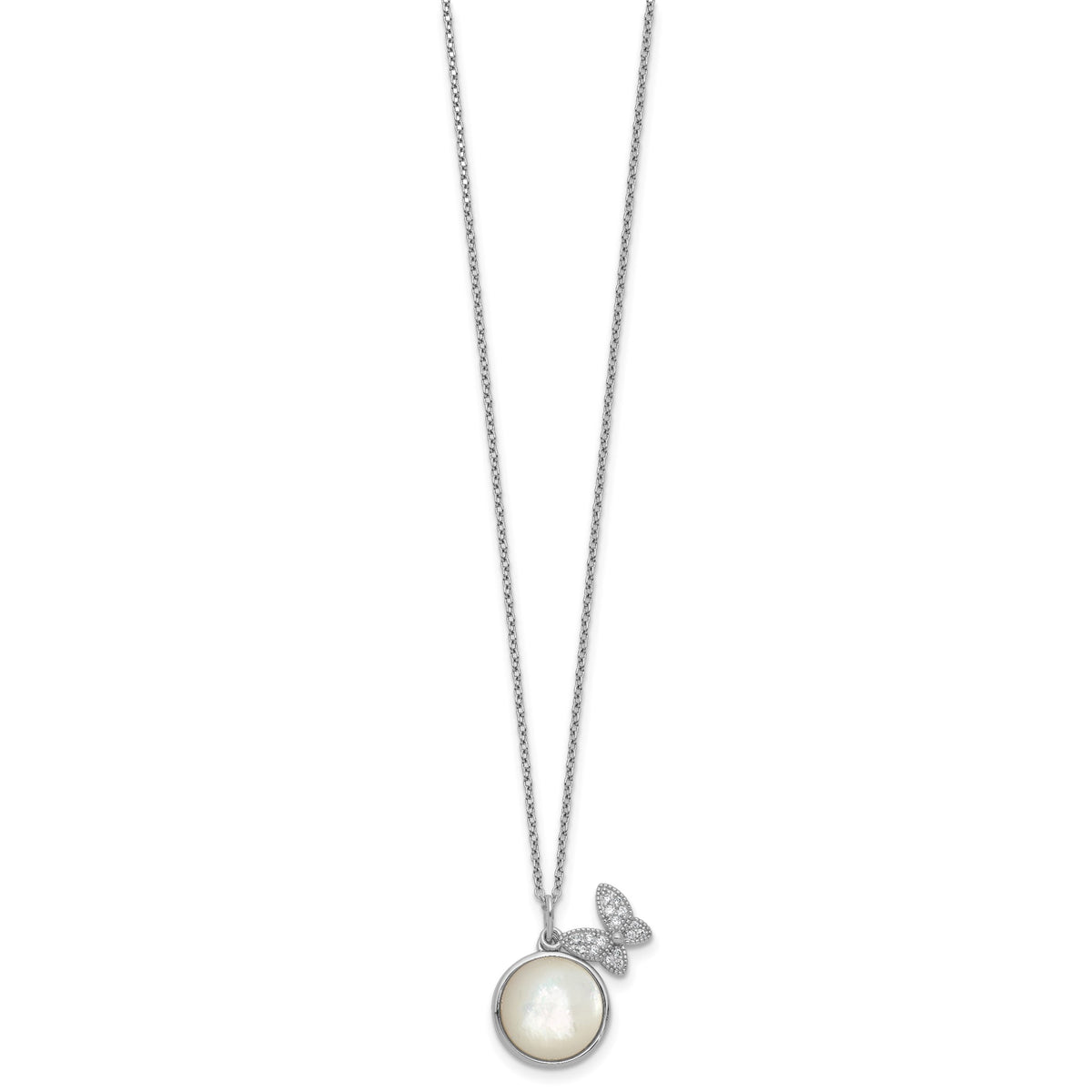 Butterfly Cubic Zirconia Mother of Pearl Necklace in Sterling Silver, 12mm, 18 Inch - Sophia Jewelers