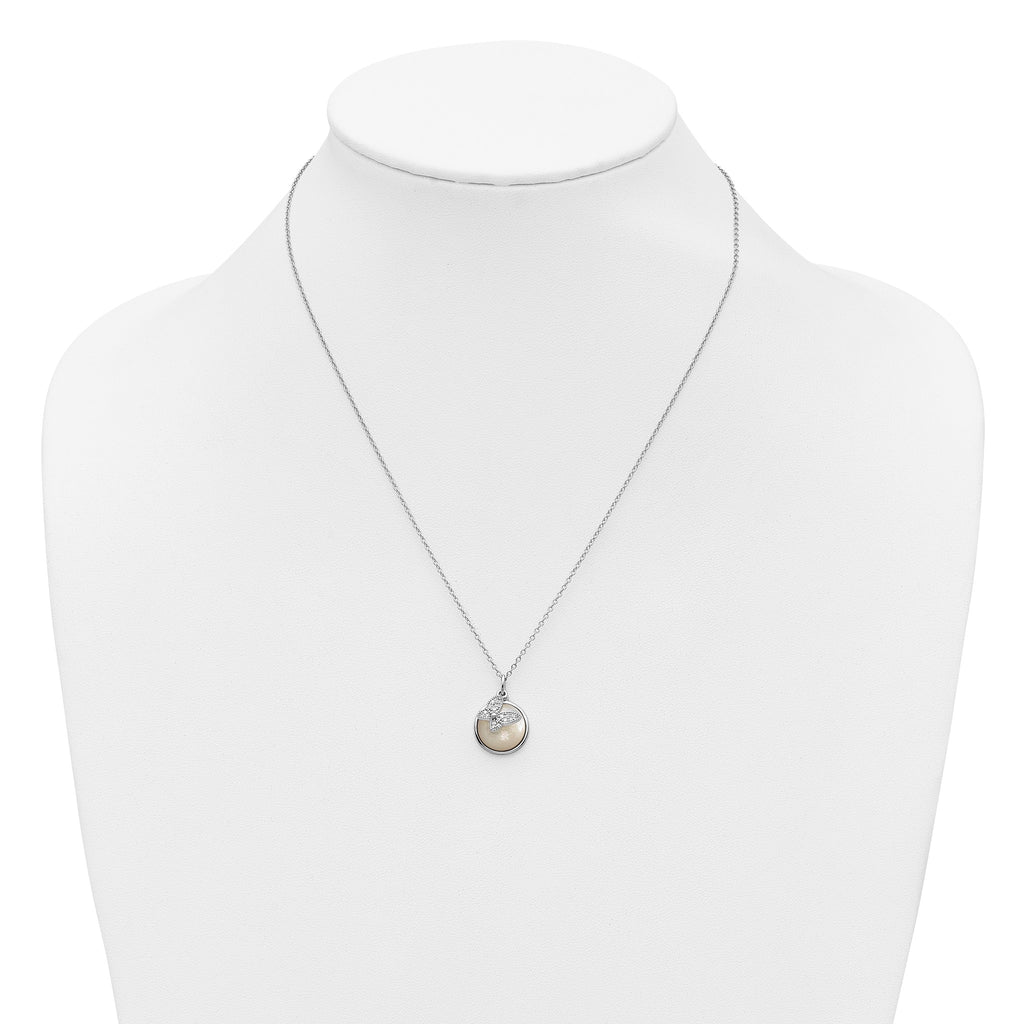 Butterfly Cubic Zirconia Mother of Pearl Necklace in Sterling Silver, 12mm, 18 Inch - Sophia Jewelers