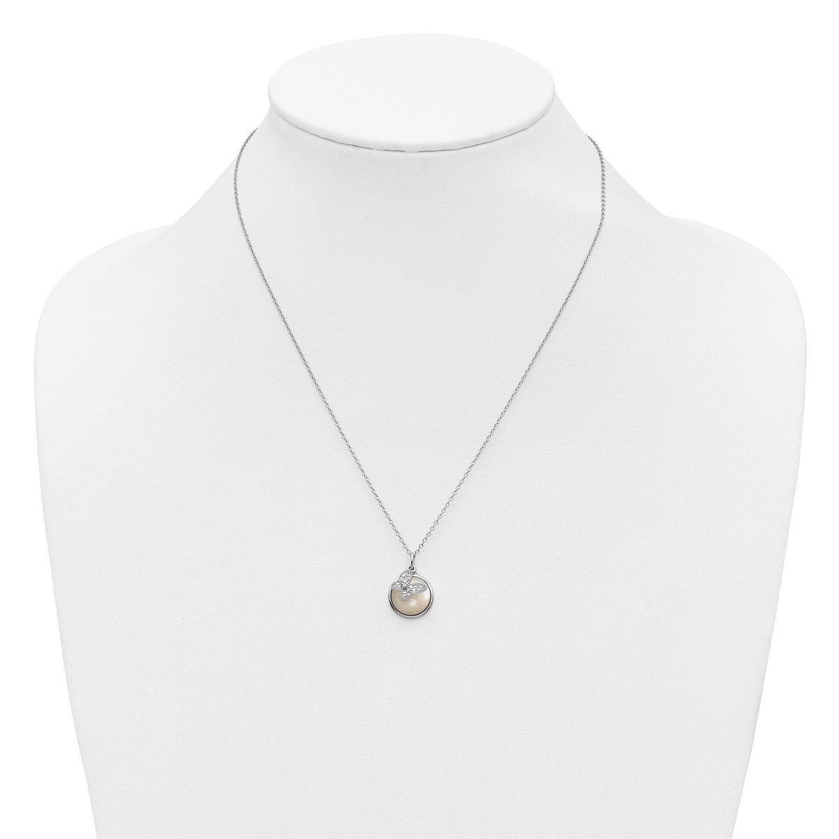 Butterfly Cubic Zirconia Mother of Pearl Necklace in Sterling Silver, 12mm, 18 Inch - Sophia Jewelers
