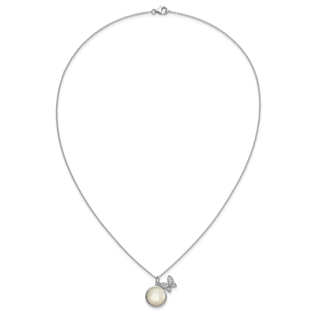 Butterfly Cubic Zirconia Mother of Pearl Necklace in Sterling Silver, 12mm, 18 Inch - Sophia Jewelers
