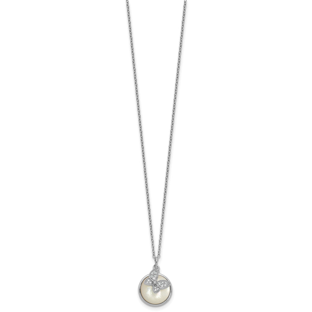 Butterfly Cubic Zirconia Mother of Pearl Necklace in Sterling Silver, 12mm, 18 Inch - Sophia Jewelers