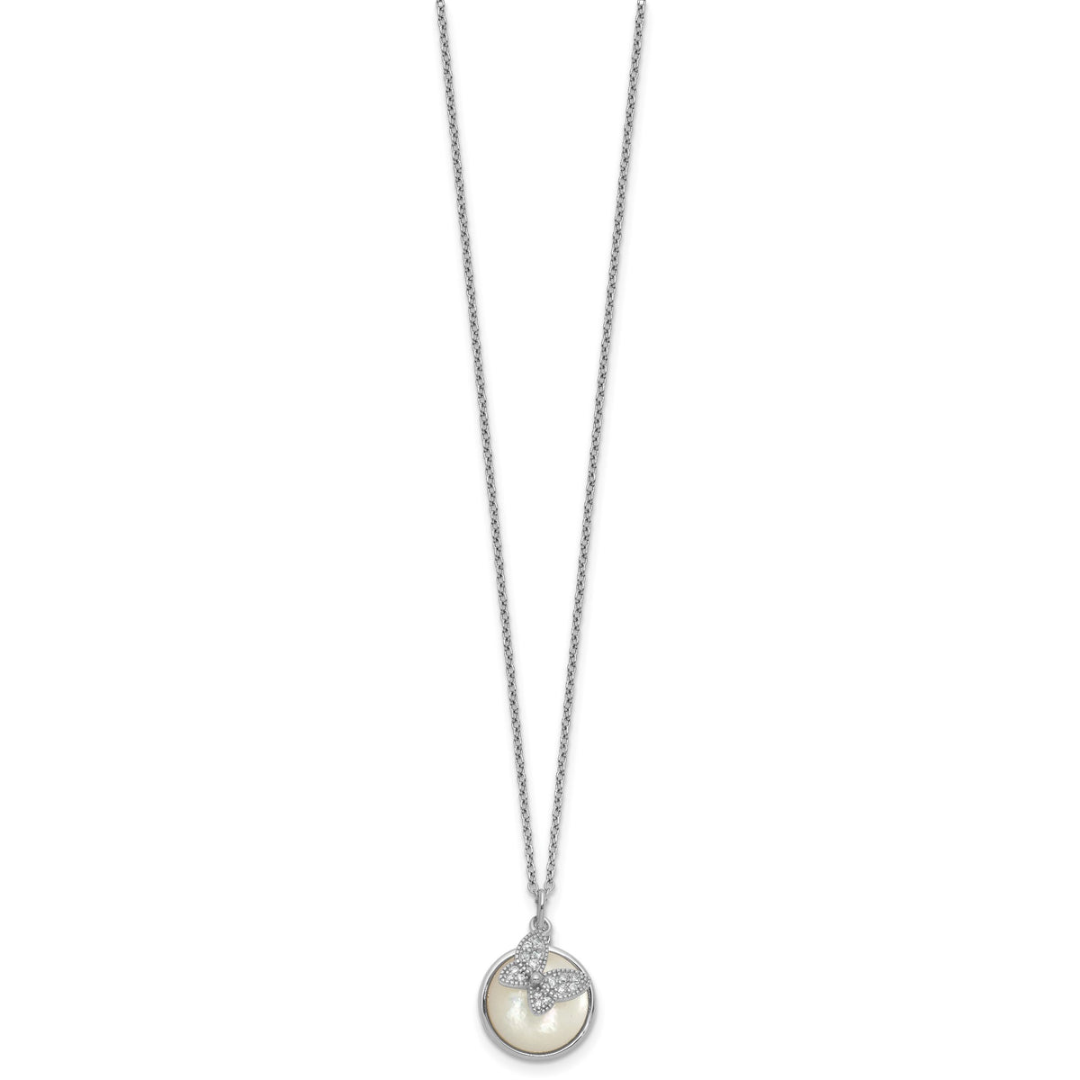 Butterfly Cubic Zirconia Mother of Pearl Necklace in Sterling Silver, 12mm, 18 Inch - Sophia Jewelers