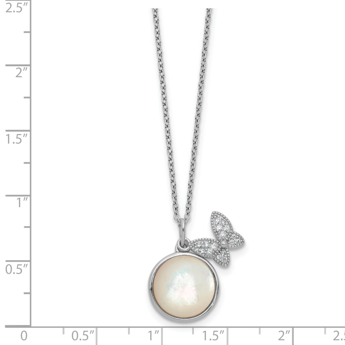 Butterfly Cubic Zirconia Mother of Pearl Necklace in Sterling Silver, 12mm, 18 Inch - Sophia Jewelers