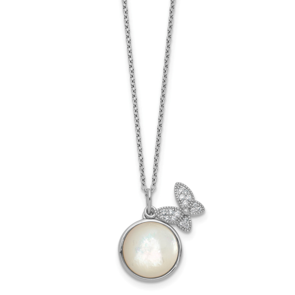 Butterfly Cubic Zirconia Mother of Pearl Necklace in Sterling Silver, 12mm, 18 Inch - Sophia Jewelers Main image