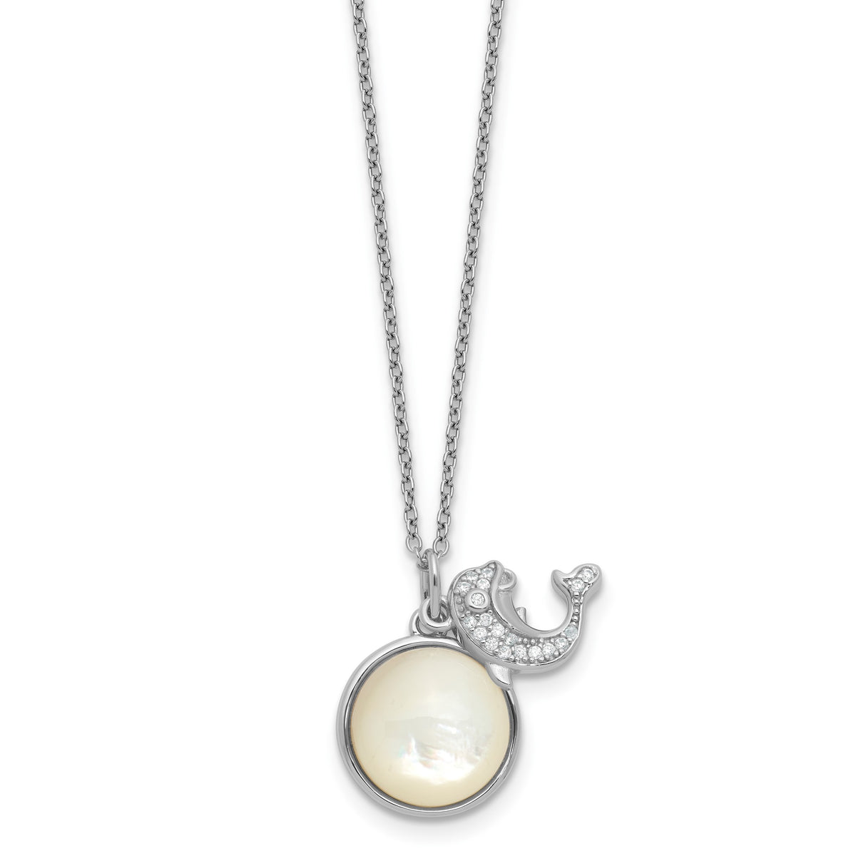 Cubic Zirconia Dolphin Mother of Pearl Necklace in Sterling Silver, 1mm, 18 Inch - Sophia Jewelers Main image
