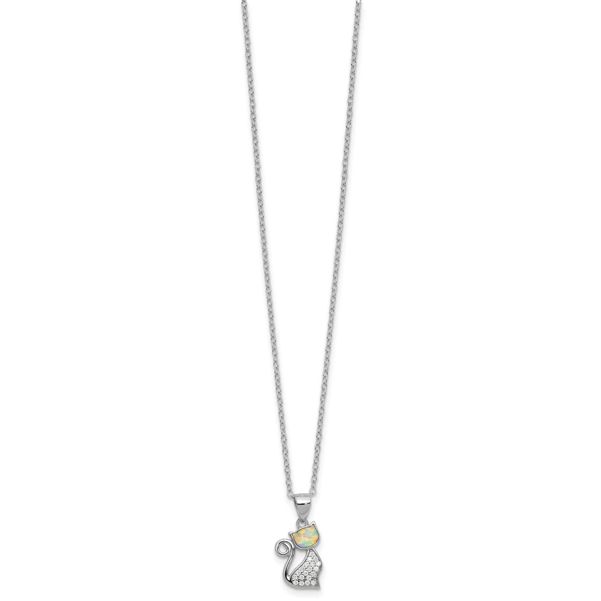 Cubic Zirconia & Lab-Created Opal Cat Necklace in Sterling Silver, 18 Inch - Sophia Jewelers