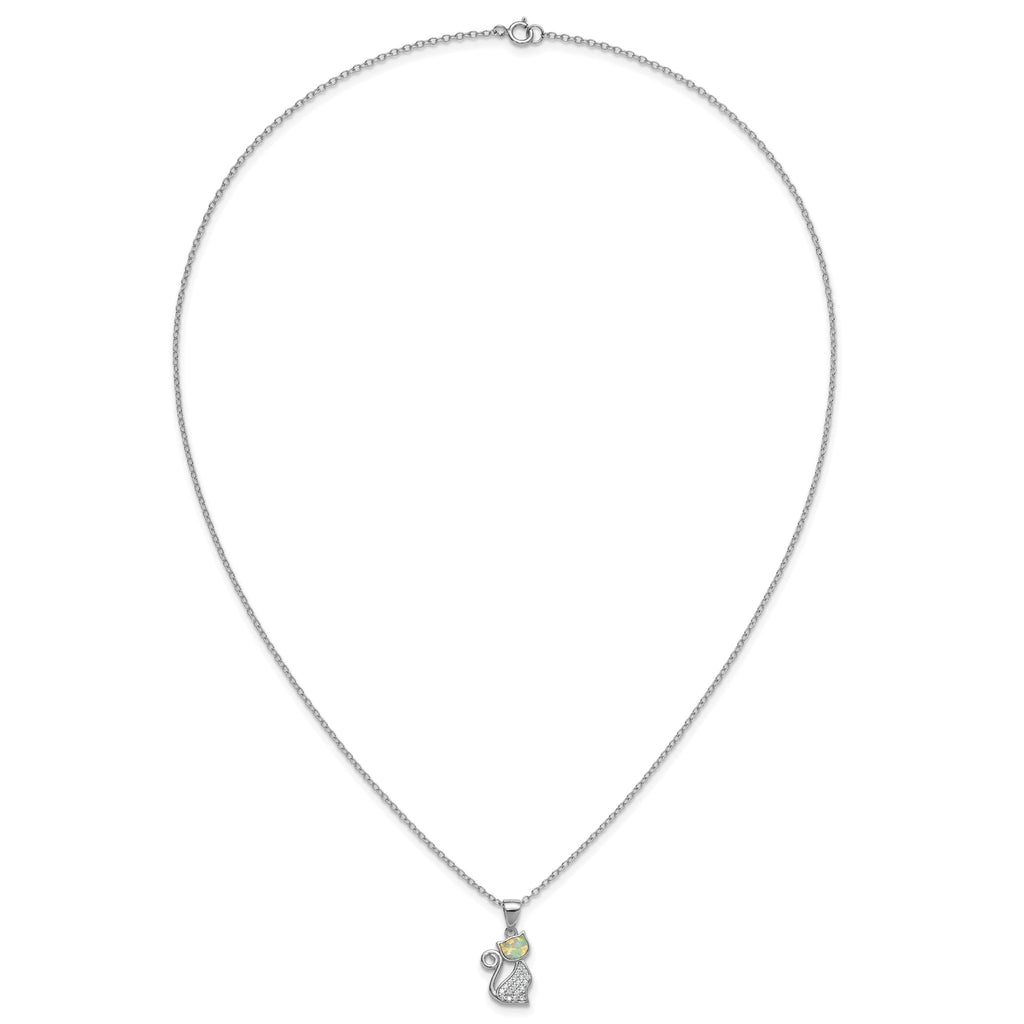 Cubic Zirconia & Lab-Created Opal Cat Necklace in Sterling Silver, 18 Inch - Sophia Jewelers