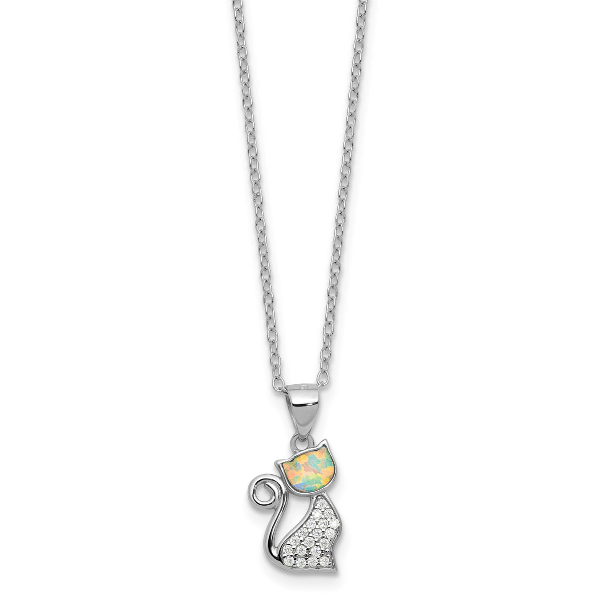 Cubic Zirconia & Lab-Created Opal Cat Necklace in Sterling Silver, 18 Inch - Sophia Jewelers Main image