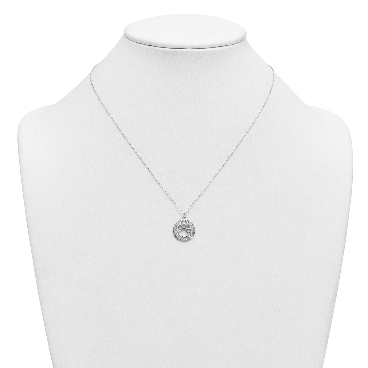 Cubic Zirconia Paw Print Circle Necklace in Sterling Silver, 18 Inch - Sophia Jewelers