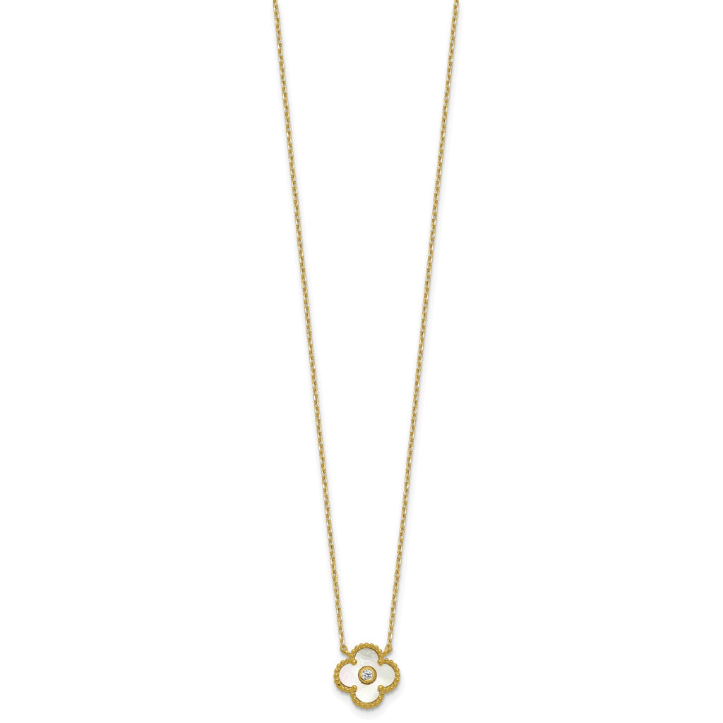 Mother of Pearl and Cubic Zirconia Flower Necklace in Gold-Plated Sterling Silver, 18 Inch - Sophia Jewelers