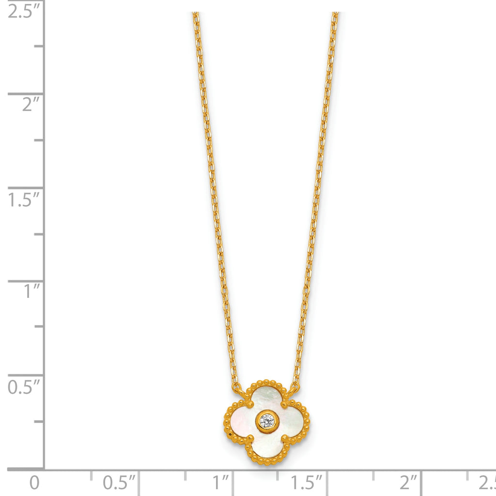 Mother of Pearl and Cubic Zirconia Flower Necklace in Gold-Plated Sterling Silver, 18 Inch - Sophia Jewelers