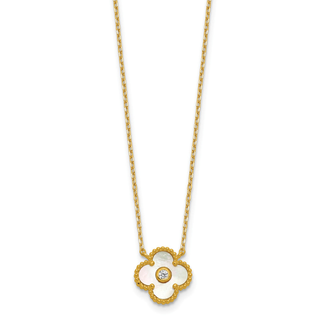 Mother of Pearl and Cubic Zirconia Flower Necklace in Gold-Plated Sterling Silver, 18 Inch - Sophia Jewelers