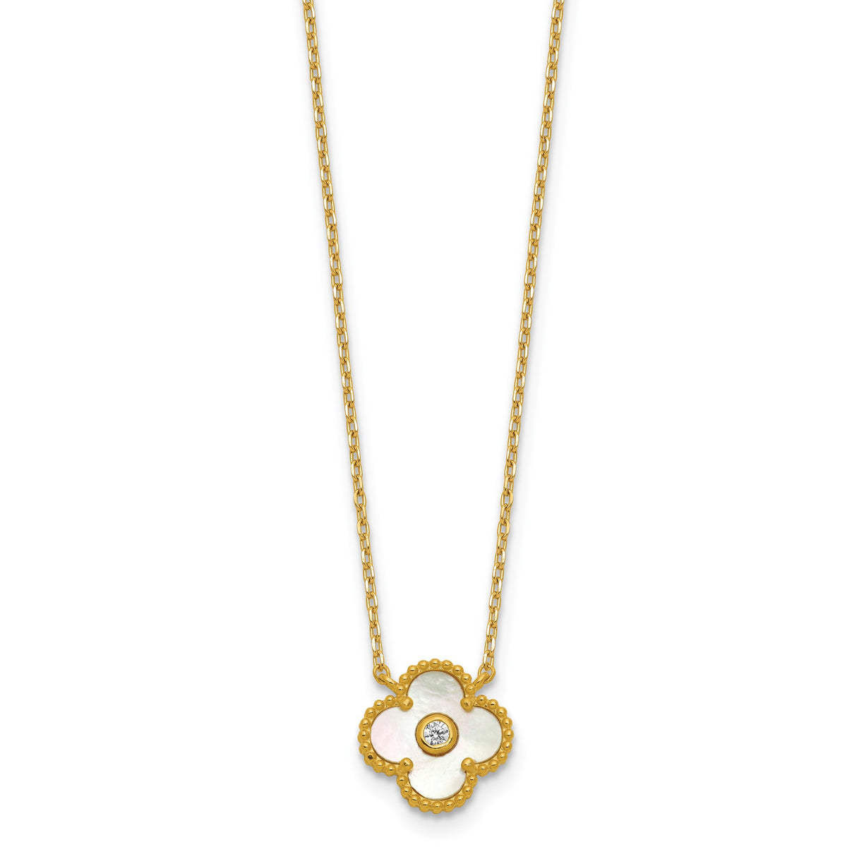 Mother of Pearl and Cubic Zirconia Flower Necklace in Gold-Plated Sterling Silver, 18 Inch - Sophia Jewelers