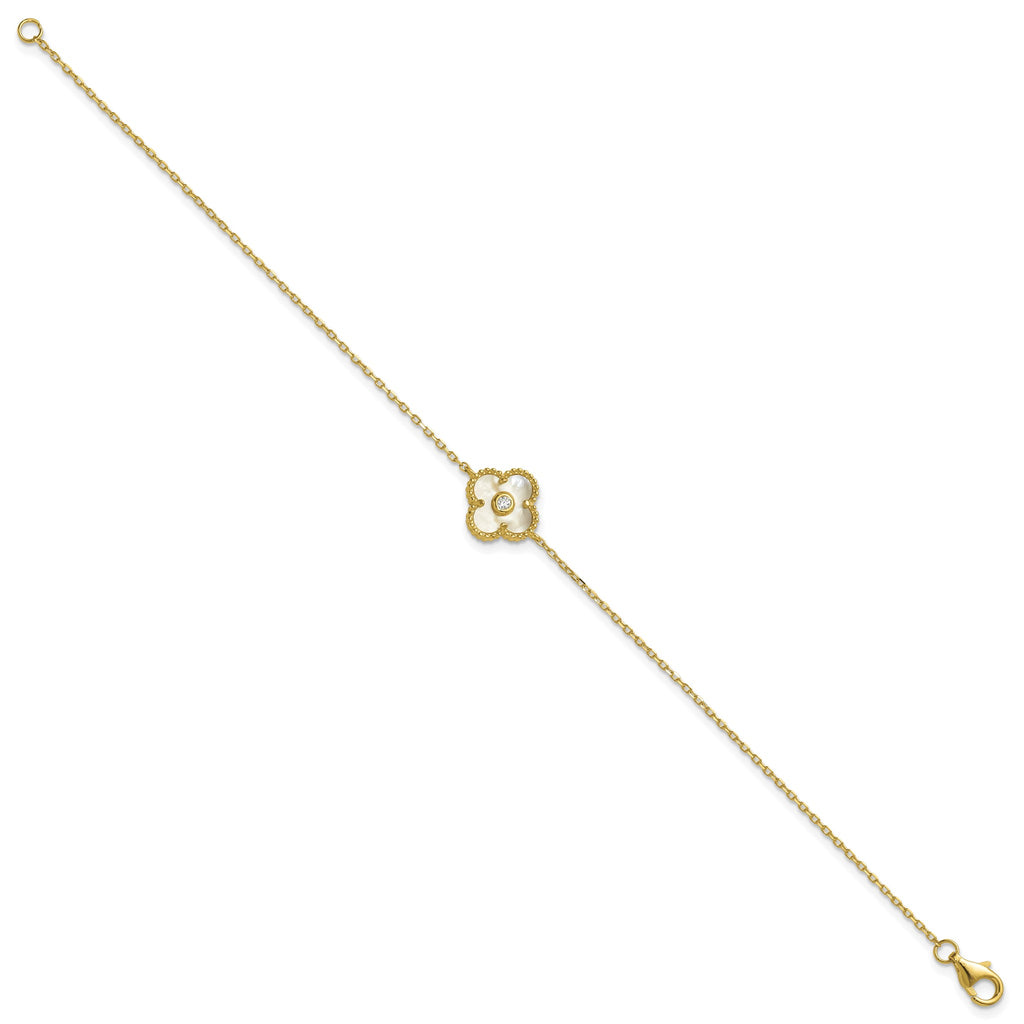 Mother of Pearl and Cubic Zirconia Flower Bracelet in Gold-Plated Sterling Silver, 7.5 Inch - Sophia Jewelers